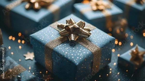 Fototapeta Stylish blue gift boxes wrapped with golden ribbons, positioned on a blue surface, surrounded by tiny gold stars, enhancing the festive mood