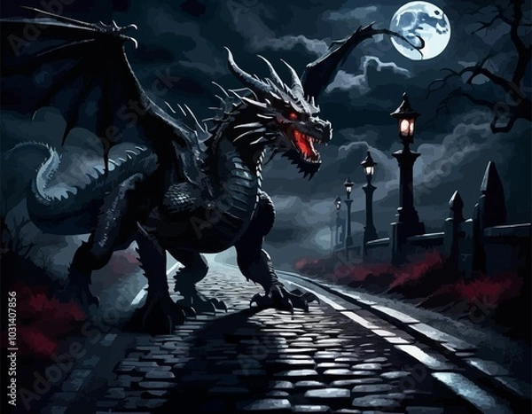 Obraz dark fantasy illustration of a superstition sacred black dragon crossing a dark road under a full moon