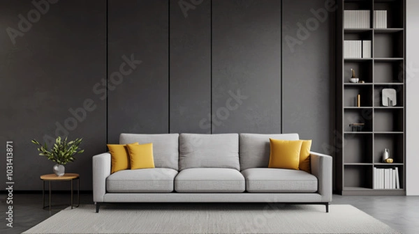 Fototapeta Modern gray sofa with yellow cushions