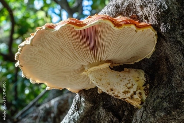 Fototapeta A single large mushroom growing from a tree, its gills visible underneath the cap