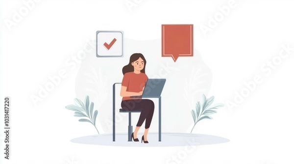 Obraz Woman working on a laptop with a checkmark and number 3 in the background