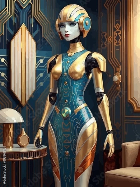 Obraz Beautiful Art Deco pattern Female Robot in a futuristic art deco living room at dawn