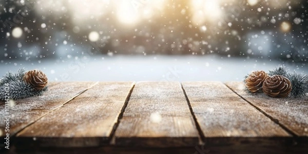 Fototapeta Snow scenery, A wooden table against a blurred background, adorned with delicate decorations.