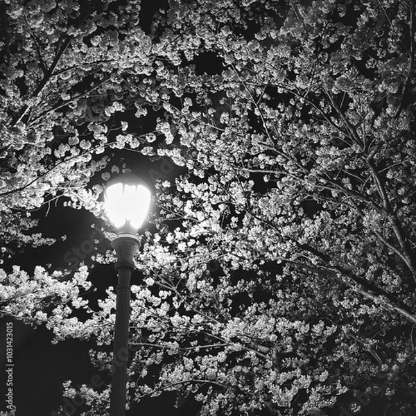 Fototapeta a black-and-white photograph of a cherry blossom tree reflected in a streetlight