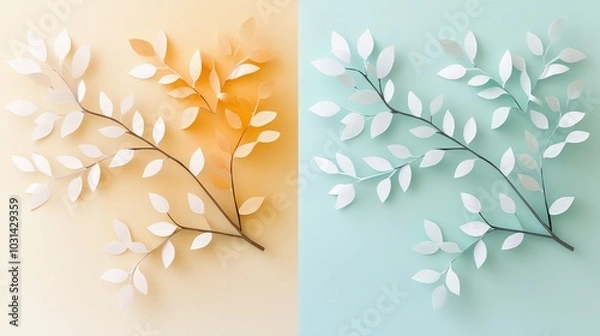 Fototapeta Delicate paper leaves on soft gradient backgrounds, showcasing nature's beauty.