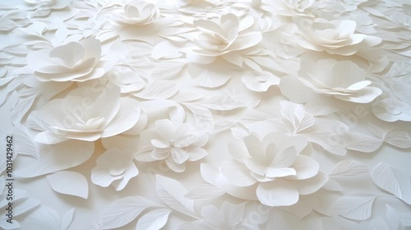 Fototapeta Delicate white paper flowers with soft petals on a white background.
