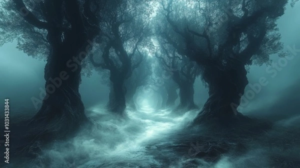 Obraz Enigmatic misty forest pathway with ancient trees