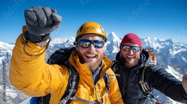 Fototapeta A group of hikers reaching the top of a majestic mountain and joyfully celebrating their achievement together as a team after a challenging climb