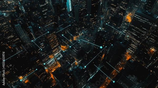Fototapeta Smart digital Innovation city with connection network reciprocity over the cityscape. of future smart wireless digital city and social media networking systems that connects people with in city