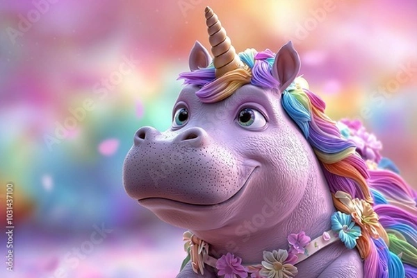 Fototapeta A whimsical, colorful unicorn with a joyful expression, adorned with a floral necklace and vibrant mane, set against a dreamy, pastel background.