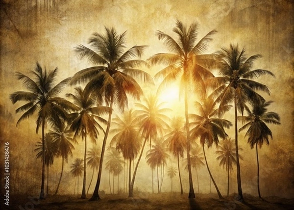 Fototapeta Grunge Palm Trees Silhouettes on Warm White Background - Vintage Exotic Illustration