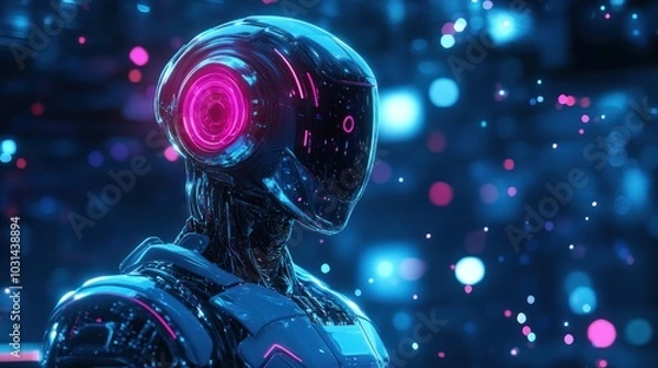Fototapeta Futuristic android digital computer robot in holographic light space and abstract background