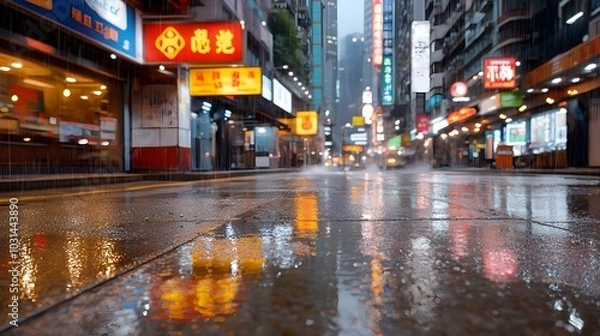 Fototapeta Cyberpunk styled alleyway at night in a futuristic high tech city landscape with neon signs rain soaked pavement and a moody atmospheric ambiance