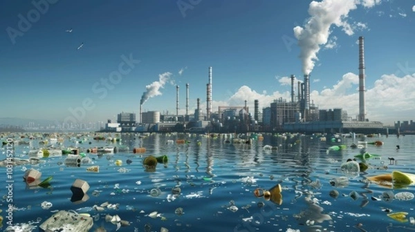 Fototapeta A polluted ocean with a lot of trash floating in it