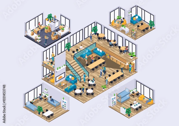 Fototapeta Isometric Kit of Rooms in a Student Dormitory. Large Hall with Seating and a Kitchen. Cozy Bedrooms. Characters, Personage