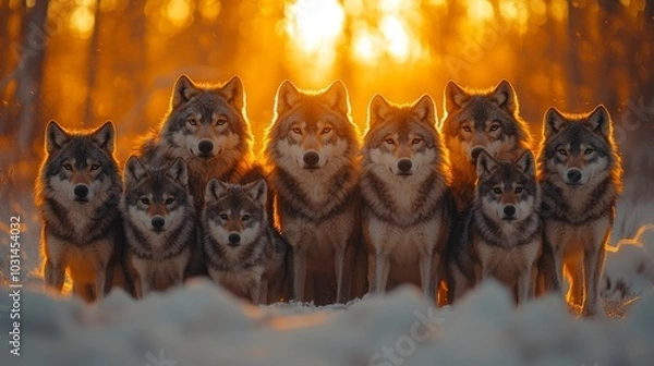 Fototapeta Wolves pack in snowy forest with warm colors, oil painting style, gray tones, adults & cubs, winter background, sunset capture.