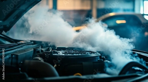 Fototapeta Smoke billowing from white car engine in garage, revealing air filter components. Mysterious and dramatic atmosphere in photo.