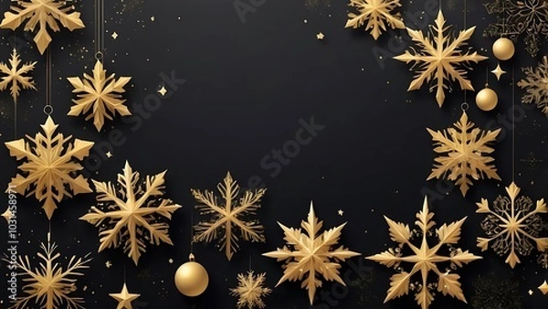 Fototapeta digital design abstract illustration with a festive theme, featuring a black background adorned with golden snowflakes and sparkling stars