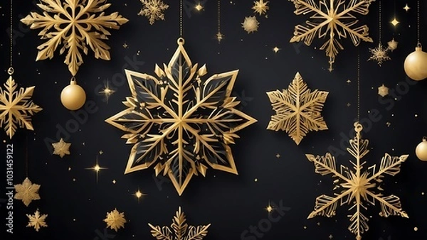 Fototapeta digital design abstract illustration with a festive theme, featuring a black background adorned with golden snowflakes and sparkling stars