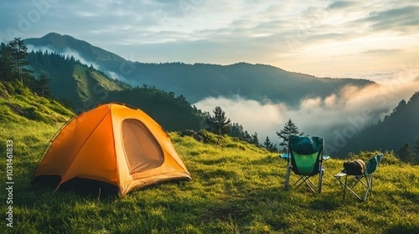 Obraz Scenic campsite featuring a tent, portable chairs, and a backpack on green grass, surrounded by misty mountains.