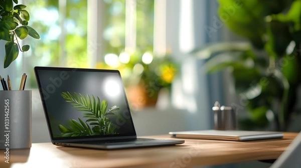 Fototapeta Sophisticated and Minimalist Home Office Setup Featuring a Laptop Tablet and Other High Tech Devices to Support Productive and Efficient Remote Work