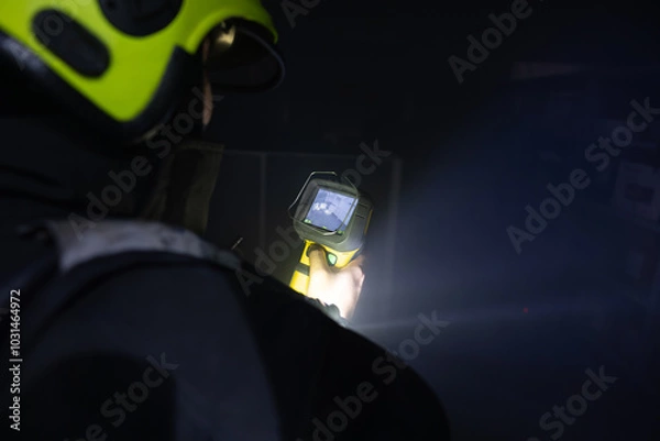 Obraz Firefighters use thermometer guns to measure heat