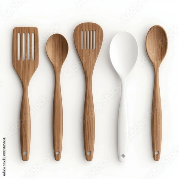 Fototapeta Wooden and plastic kitchen utensils arranged on white background, showcasing spatula, spoon, and ladle. These essential tools are perfect for cooking and serving