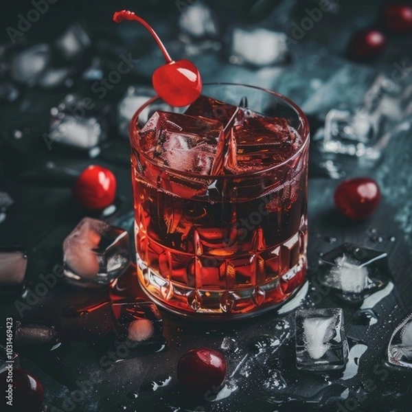 Obraz A glass of red drink with ice cubes and a cherry