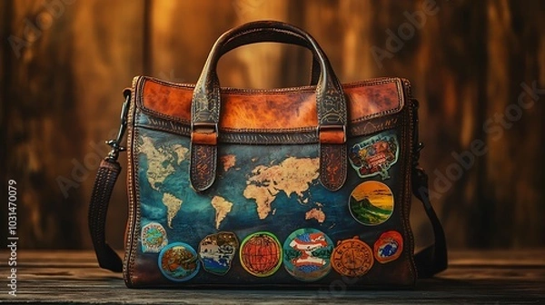 Fototapeta A vintage leather travel bag with a world map and travel patches on a wooden surface.