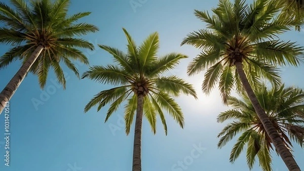 Fototapeta landscape photograph featuring a group of tall palm trees set against a clear, pale blue sky capturing the trees from a low angle, emphasizing their height and slender trunks