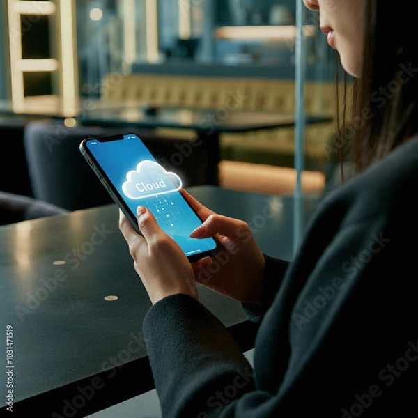Obraz カフェでクラウドサービスを操作する女性