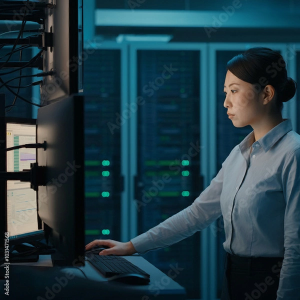 Obraz サーバー室で作業する女性システムエンジニア