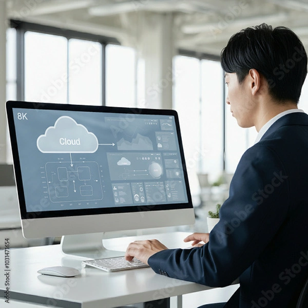 Obraz クラウド環境を監視するビジネスパーソン