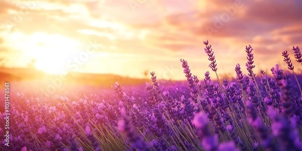 Obraz Golden Hour in a Lavender Field - Captivating Landscape with Rows of Blooming Lavender Under a Soft Sunset Glow