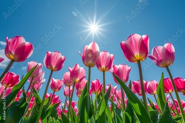 Fototapeta A field of pink tulips with the sun in the background