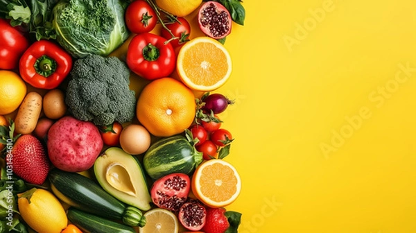 Obraz Fresh vegetables and fruits on yellow background, World Vegan Day Concept