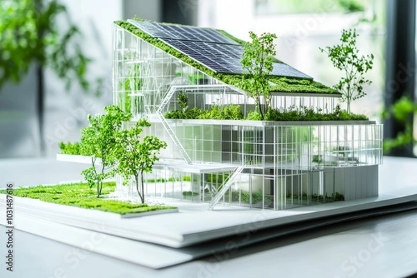 Fototapeta Architects using BIM to design a sustainable building, they incorporate features like solar panels and green roofs into the model