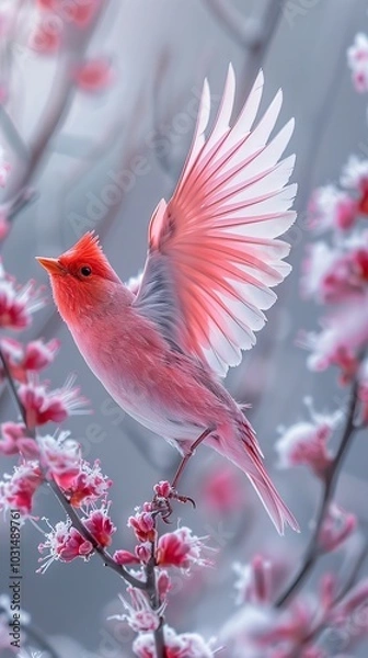 Fototapeta Pink Bird with Spread Wings on a Branch of Flowers