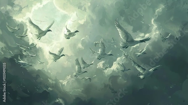 Fototapeta Flock of Birds Soaring Through the Clouds