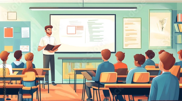 Fototapeta A teacher stands at the front of a classroom, explaining a lesson to attentive students. The students are engaged, listening carefully, and actively learning from the lesson. Illustration design.