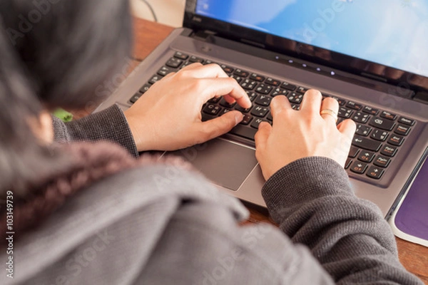 Fototapeta Woman using laptop at office desk