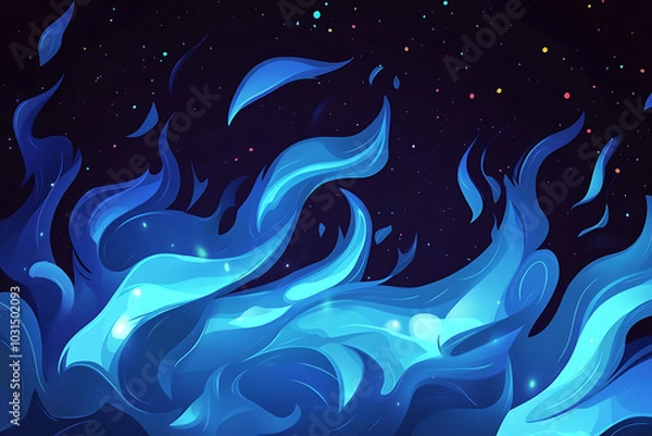 Fototapeta Abstract digital artwork depicting flowing blue flames against a dark, starry background.