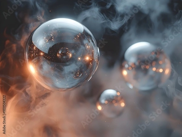 Fototapeta Abstract spheres with shimmering lights and smoke for a mystical and dreamlike effect.