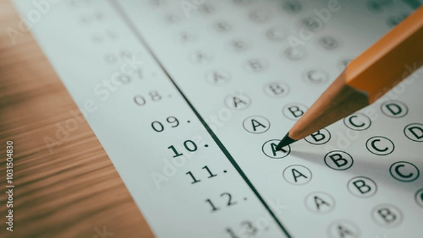 Obraz Marking the answer sheet with a pencil while taking a exam at school. 3d rendering