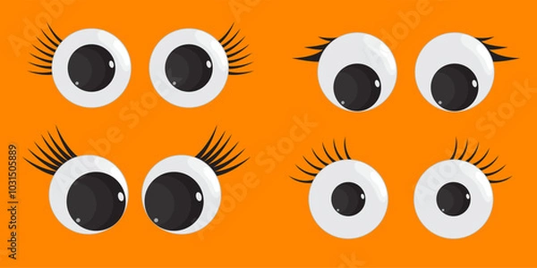 Fototapeta A set of plastic toy eyes. Glossy, bulging, puppet eyes. Cute, round, vector, isolated elements. Look down, up, left, right. Different, shaking, silly, hilarious pairs of eyeballs.