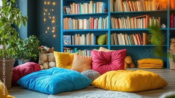 Fototapeta Cozy Reading Nook with Colorful Cushions and Bookshelves