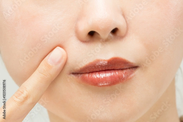 Fototapeta 女性は豊麗線を指差している。