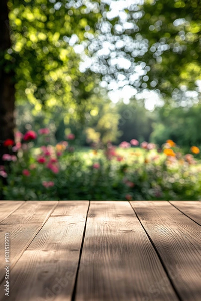 Fototapeta Wooden tabletop set against the backdrop of a garden.