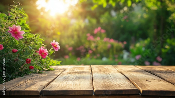 Fototapeta Wooden tabletop set against the backdrop of a garden.