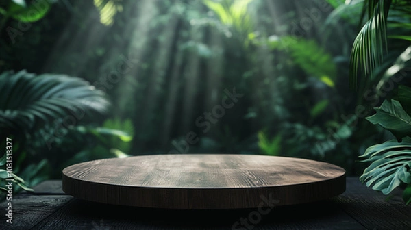 Fototapeta A 3D wooden podium set in a jungle, tropical forest, perfect for product display.